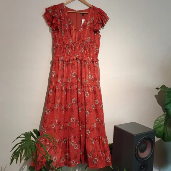 Ann Taylor Maxi Orange Gold Floral pleated dress - Picture 7 of 7